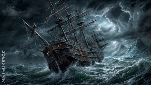 Pirate ship in stormy sea, illustration.