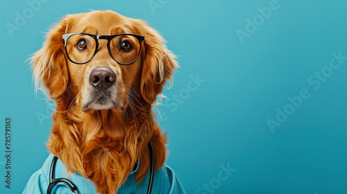 Portrait of golden retriever dog wearing glasses and doctor uniform or doctor gown with stethoscope Isolated on clean background. Copyspace on the left. --ar 16:9