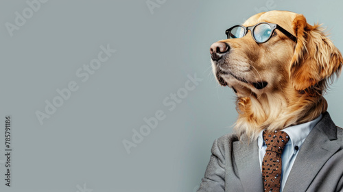 Portrait of golden retriever dog wearing glasses suit and tie as a businessman. Isolated on clean background. Copyspace on the side. --ar 16:9