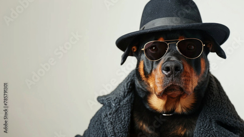 Portrait of rottweiler in mafia gangster costume. Wearing hat, overcoat and sunglasses. Isolated on clean background. Copyspace on the side. 