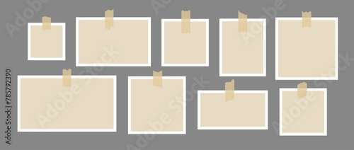 Set of photo frames glued on adhesive tape. Mood board template for mockup, poster design, banner, flyer, brochure. Empty square and rectangle paper note pieces collection. Vector blank memo pack