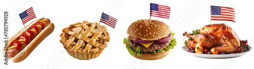 Collection of American patriotic food of hot dog, apple pie, beef burger and turkey over white transparent background. 4th of July concept