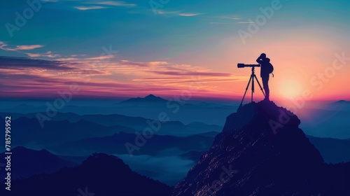 A silhouette of a person standing on top of a mountain looking out into the distance with a telescope in hand. The vast open landscape represents the endless pursuit of truth and the .