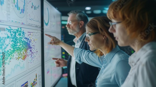 A midshot of a team of data ysts gathered around a large monitor actively discussing and pointing to different visual representations of their findings. .