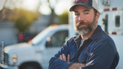 A plumber standing proudly in front of his company truck adorned with the logo of his trusted plumbing company ready to respond to any emergency call and save the day. .