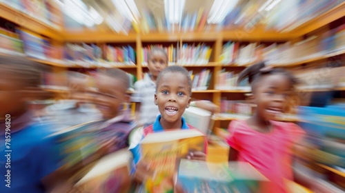 A blurred background featuring a multicultural group of children happily flipping through pages of books symbolizing the power of Education for All and the thirst for knowledge. .