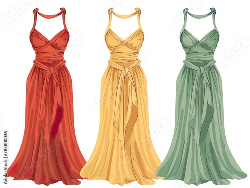 A selection of five summer maxi dresses with diverse floral patterns on a dark green background..
