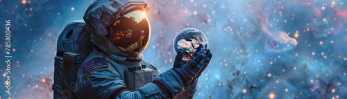 An astronaut tenderly cradles a miniature replica of the Earth globe against a backdrop of a starry cosmos