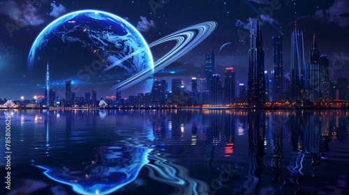 Night city with planetary rings water reflection