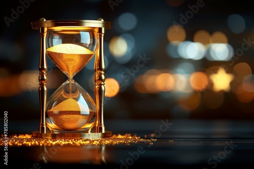 Golden hourglass with sand rapidly draining, Depicting the fleeting nature of wealth and the inevitability of loss