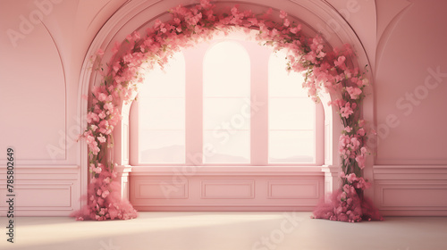 Empty pink room with ornate arch design and pink leaves and flower