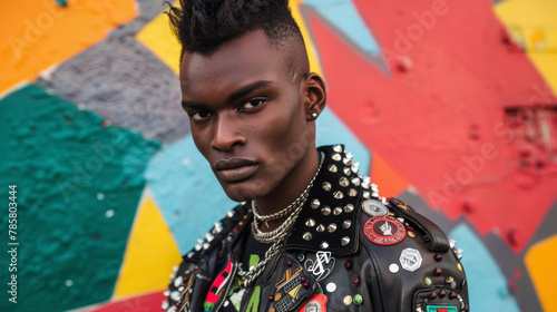 A young black man with a sleek hightop fade poses in front of a colorful backdrop wearing a studded leather jacket adorned with various pins and patches. His mismatched patterns and .