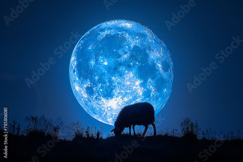 A sheep against moon at blue night. Eid Al-Adha greeting scene