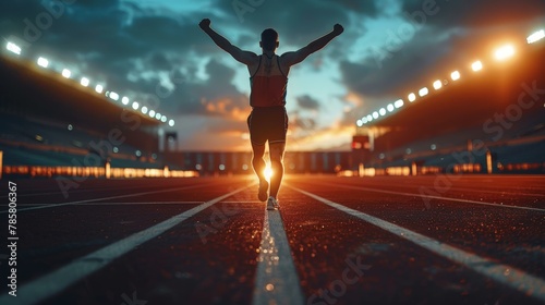 Triumphant athlete celebrating victory on race track at sunset, dynamic sports theme with vibrant colors and copy space.