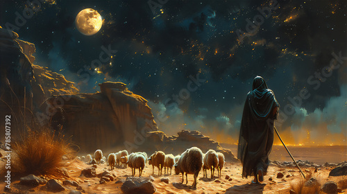  A man shepherd with his sheep against moon at sunset. Eid Al-Adha greeting scene