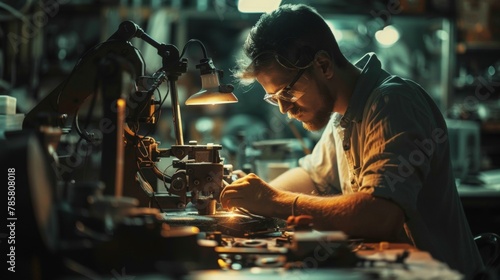 In a dimly lit workshop the focused eyes of a machinist inspect the delicate connections of a newly crafted mechanical arm a testament to their precision and skill. .