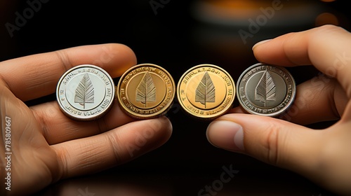 Digital currency physical metal coin. Bitcoin. Concurrency concept.