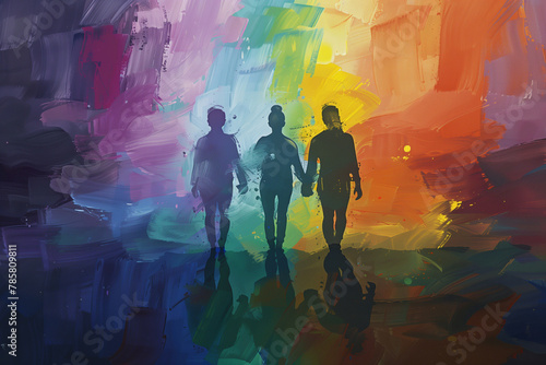 LGBT loving threesome to celebrate gay pride day, standing proudly together amidst the colorful hues of the pride flag, radiating love and solidarity