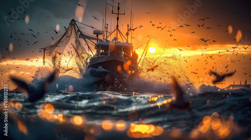 Fishermen casting fishing nets into the sea from their boat in full action at dawn. A day in the hard life of professional fishermen.