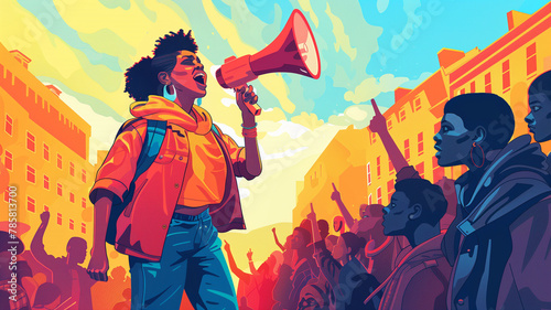 Illustration of a Passionate Activist Leading a Protest in an Urban Setting
