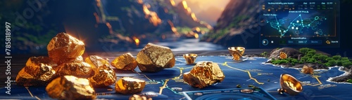 Physical gold nuggets scattered on a map next to a digital map with GPS coordinates of gold deposits, Depicting the integration of traditional and digital tools in geological exploration