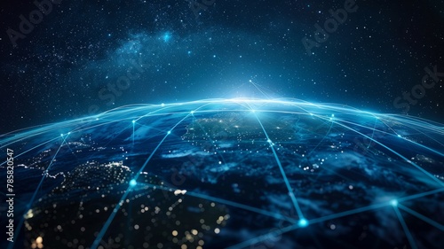 Global network concept with stars and space - A striking depiction of global connectivity on a backdrop of the cosmos, showcasing digital networks overlaying Earth's night lights