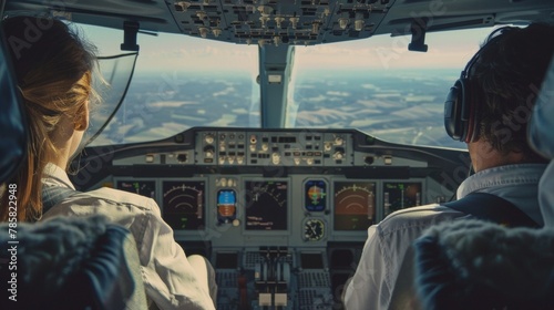 A pilot and copilot in the cockpit of an airplane looking out the window at a beautiful landscape below. A small sign on the dashboard reminds them to refuel with biofuel for cleaner .
