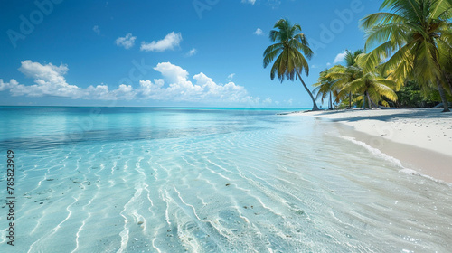 A tranquil beach scene with crystal clear water and palm trees swaying in the breeze,