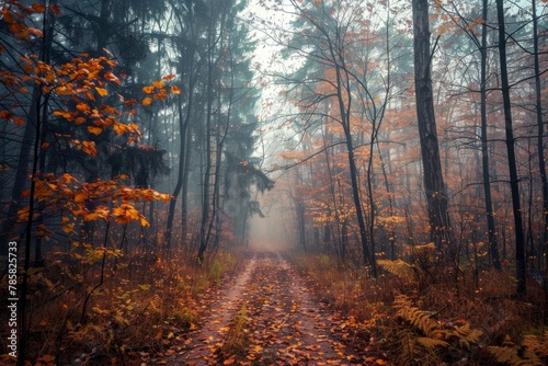 Woodland path with autumn leaves and fog - A scenic view of a forest trail covered with autumn leaves, surrounded by trees in mist