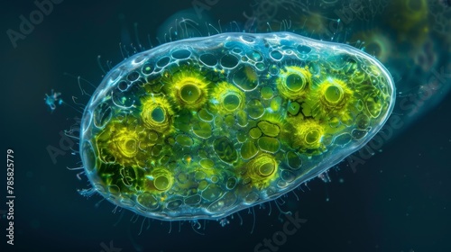 A side view image of an algae cell revealing its unique oval shape and s of tiny organelles within.
