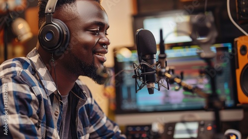 A smiling radio presenter wearing headphones reads the news into a studio microphone at a radio station. Generative AI