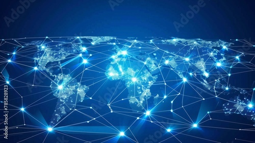Digital network connecting major global regions - This image features a digital network overlay on a world map highlighting the interconnectedness of global regions