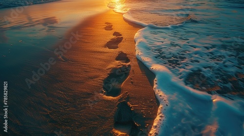 Close up of footprints alongside of seashore on the beach sand with beautiful sunset.