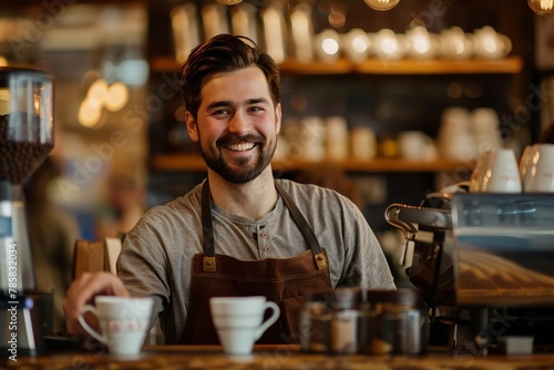 friendly barista greeting customers with warm smile and fresh cup of coffee lifestyle portrait