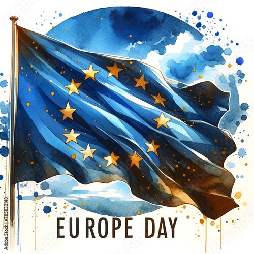 Europe day illustration with waving european union flag.
