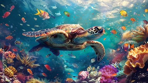 "Colorful Underwater World: Turtle and Fish Among Vibrant Coral"