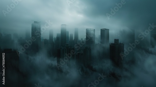 A city skyline partially obscured by thick fog, with buildings looming ghostly in the background, evoking a sense of isolation and eeriness.