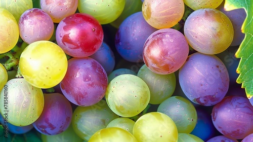 A close-up of a bunch of ripe grapes on the vine, showcasing their vibrant colors and plumpness.