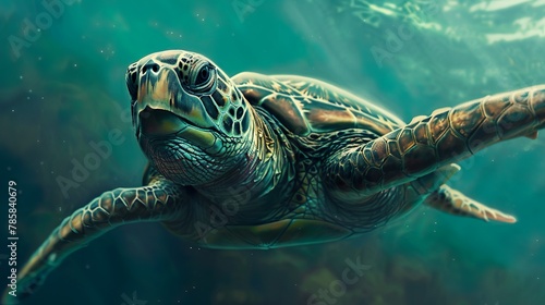 A close-up of a sea turtle swimming gracefully in the ocean, showcasing its streamlined shell and flippers.