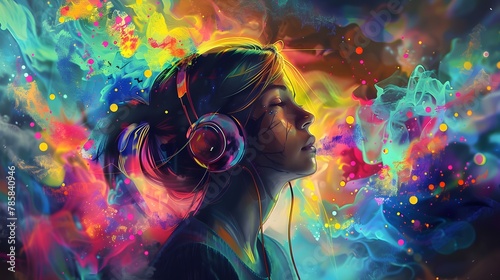 girl with headphones with waves of sound and emotion emanating from the headphones and surrounding the head. the image evokes a sense of freedom, creativity
