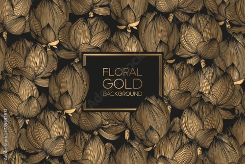 Vector seamless pattern with gold hand drawn abstract lotus flowers isolated on black background. Luxury design floral illustration template for fashion prints, fabric, wallpaper, card