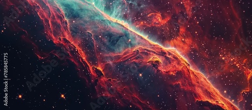 Stunning close-up view of a vibrant nebula showcasing a beautiful mixture of bright blue and red hues with scattered stars in the background