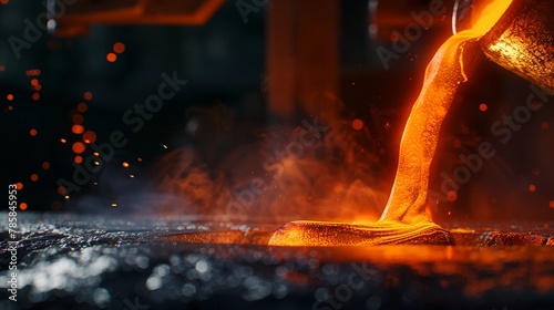 Pouring molten steel, into a socket, close up, glowing orange steel flowing from a ladle into a mold, bright sparks and intense heat creating a dramatic scene