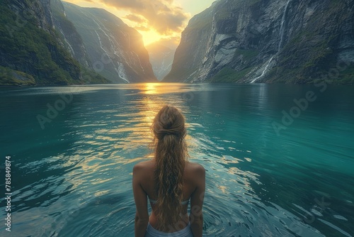 A woman in contemplation, standing before a fjord as the sun dips below the mountain horizon.