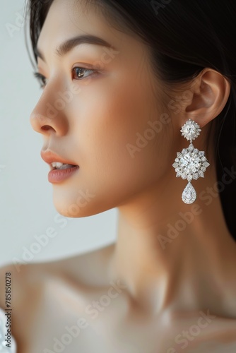 closeup woman wearing white dress earrings cubic crystals product extremely ornamental pores beauty campaign asian girl