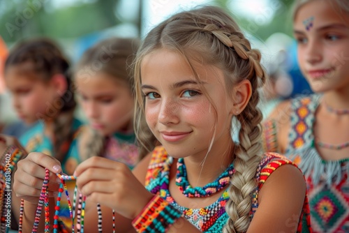 A girl smiling while making a colorful beaded necklace, concentrating on the pattern.