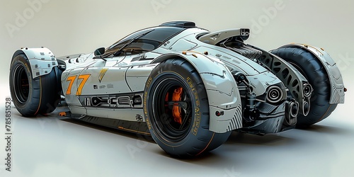 white race car orange wheels heavy body modification details rhino panoramic intricately
