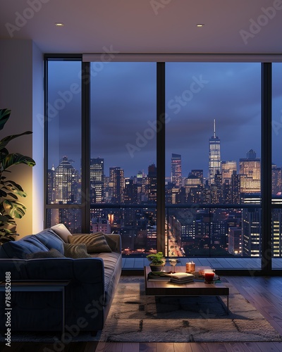 view city skyline living room couch moroccan street modern condo lighting wide panoramic exterior tall windows