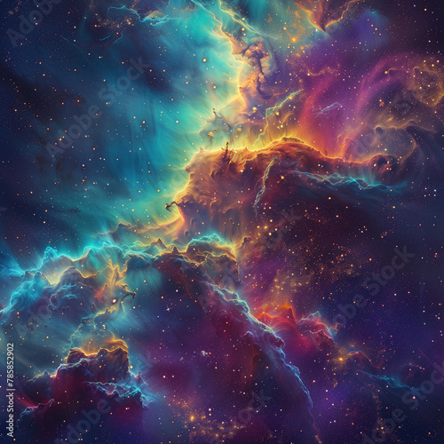 A colorful space scene with a large cloud of gas and dust