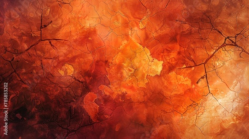Abstract, crackling textures in fiery oranges and reds, mimicking a witch's cauldron. 